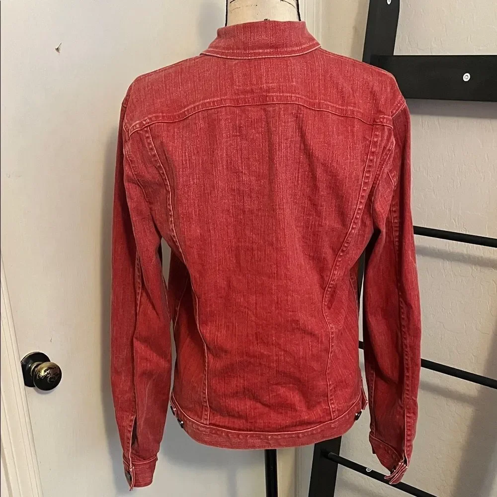 7 For All Mankind Red Distressed Denim Button Zip Closure Pockets Jacket Modern